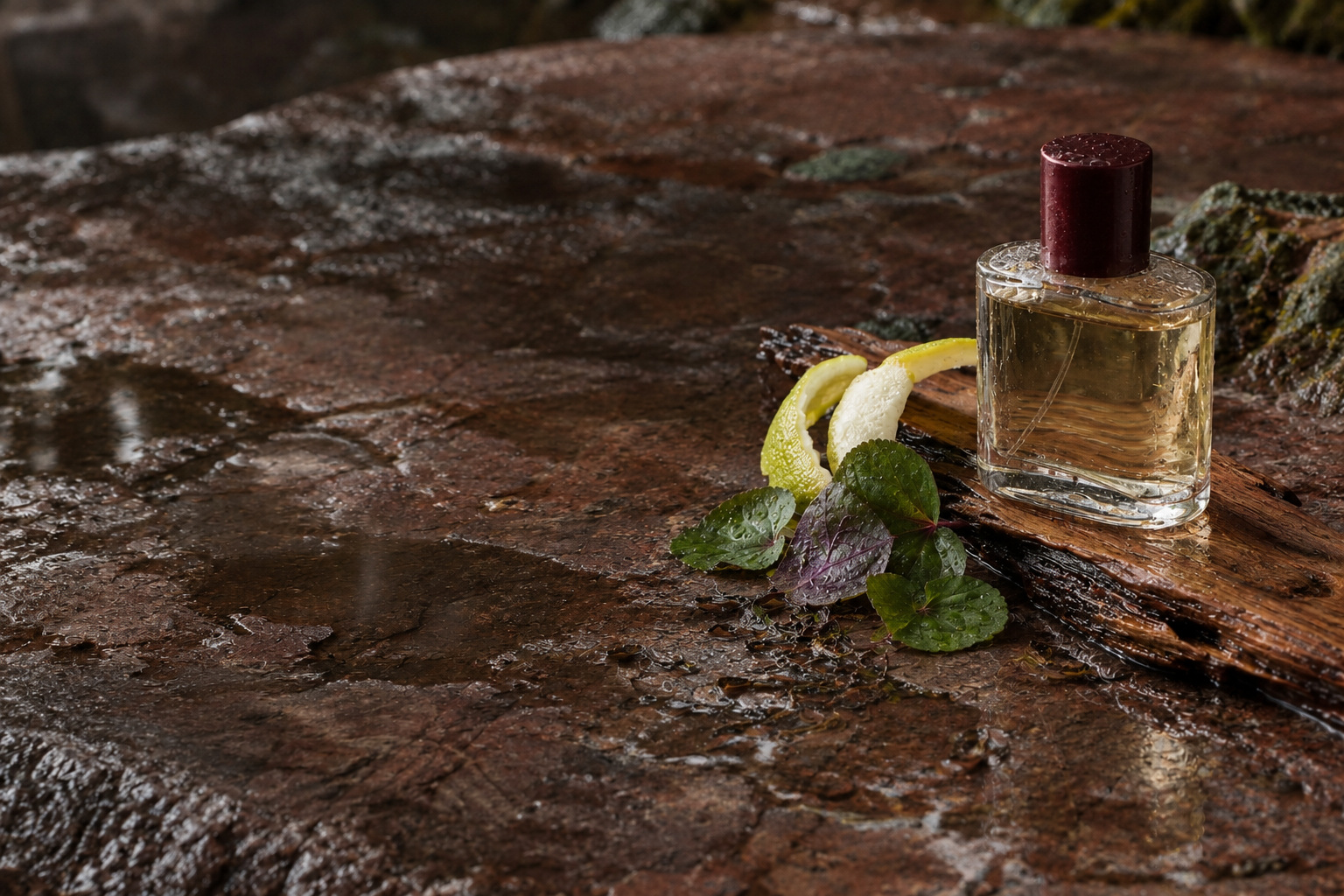 Fragrance composition with a bottle, cedarwood and green leaves on dark stone