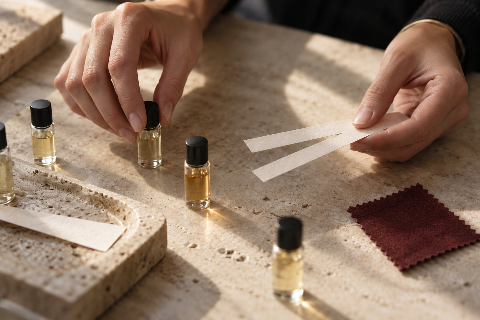 Comparing fragrance blotters and glass samples by hand