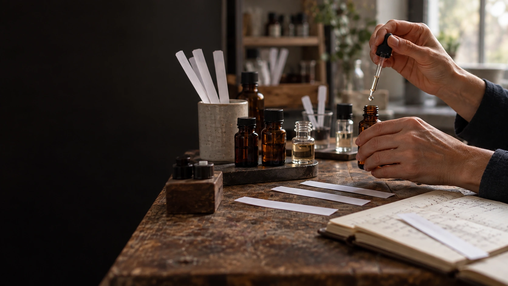 A perfumer’s hands working with amber sample vials and paper blotters at a warmly lit worktable