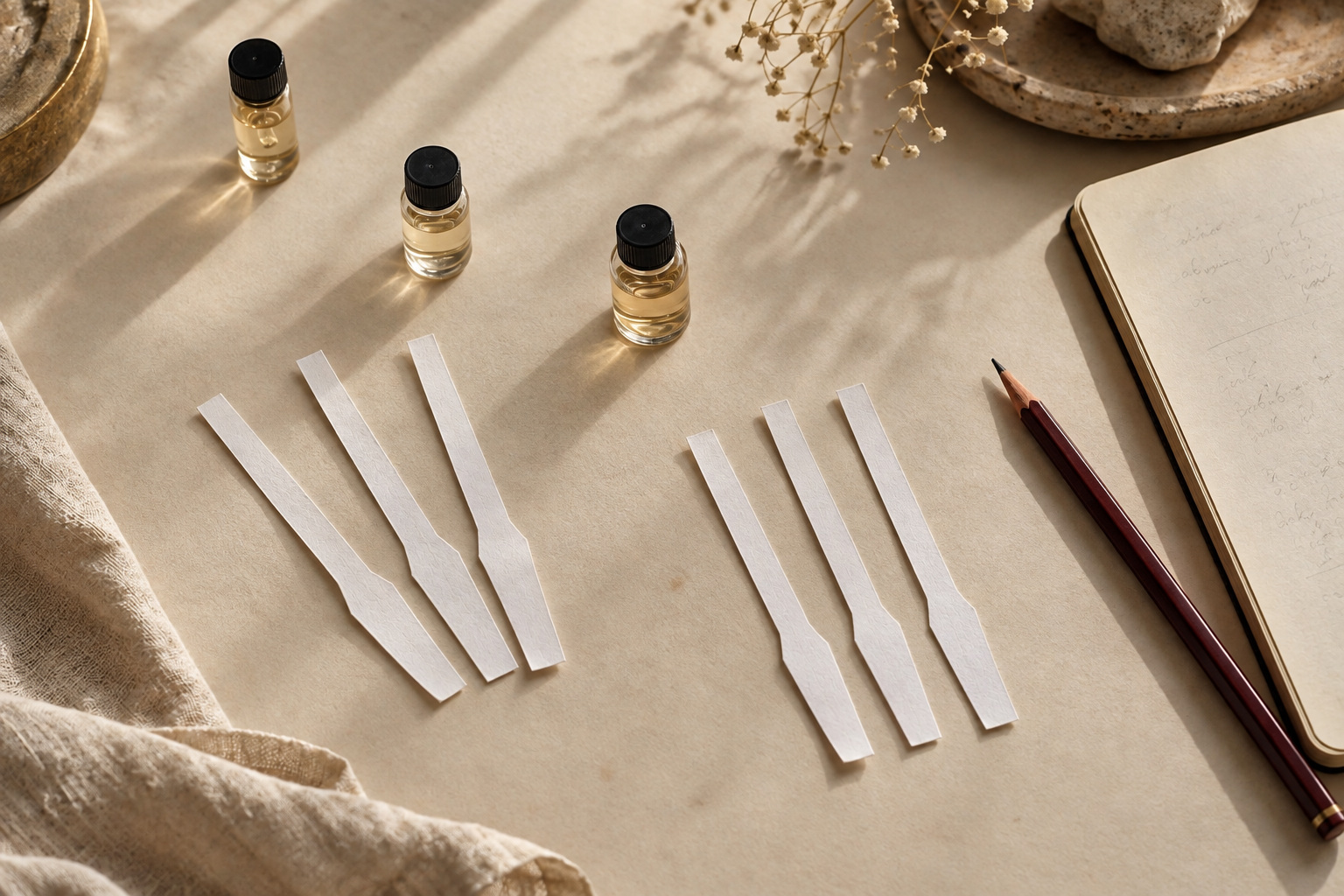 Perfume blotters, sample vials and a notebook arranged for comparing fragrance samples