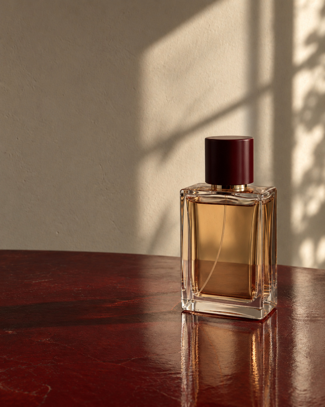 An unlabelled perfume bottle with amber liquid and a deep red cap on a lacquered surface